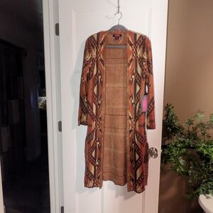 NWT Rock & Roll Cowgirl Rust Aztec Long Open-Front Cardigan. Sz Large. Festival